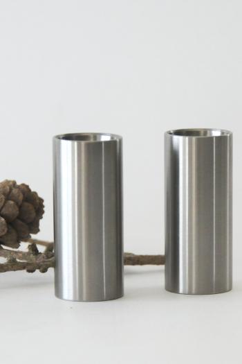Stelton Salt and Pepper Shakers. Arne Jacobsen, Cylinda line. Danish Minimalist design. Brushed stainless steel. Mid century modern