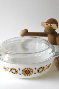JAJ Pyrex. TOLEDO Bowl with orange and black flowers. Lid and dish. Pyrex Glass Stovetop. 1969s Collectible