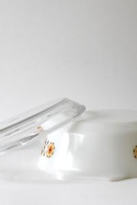JAJ Pyrex. TOLEDO Bowl with orange and black flowers. Lid and dish. Pyrex Glass Stovetop. 1969s Collectible