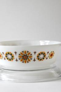 JAJ Pyrex. TOLEDO Bowl with orange and black flowers. Lid and dish. Pyrex Glass Stovetop. 1969s Collectible