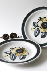 Stavangerflint. Two SENJA plates. design Inger Waage. Plates with Handpainted decor. Stavanger Norway.