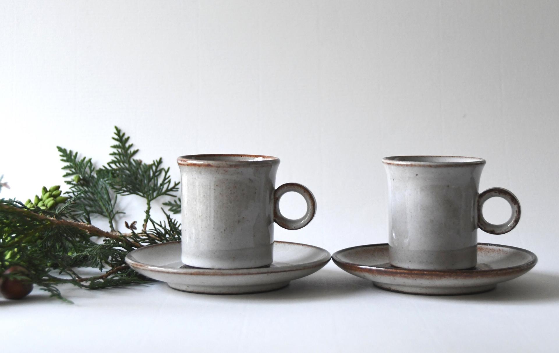 Two Scandinavian Tea sets. Danish Modern Stoneware. Stogo Cups and saucers Design by Herluf Gottschalk-Olsen