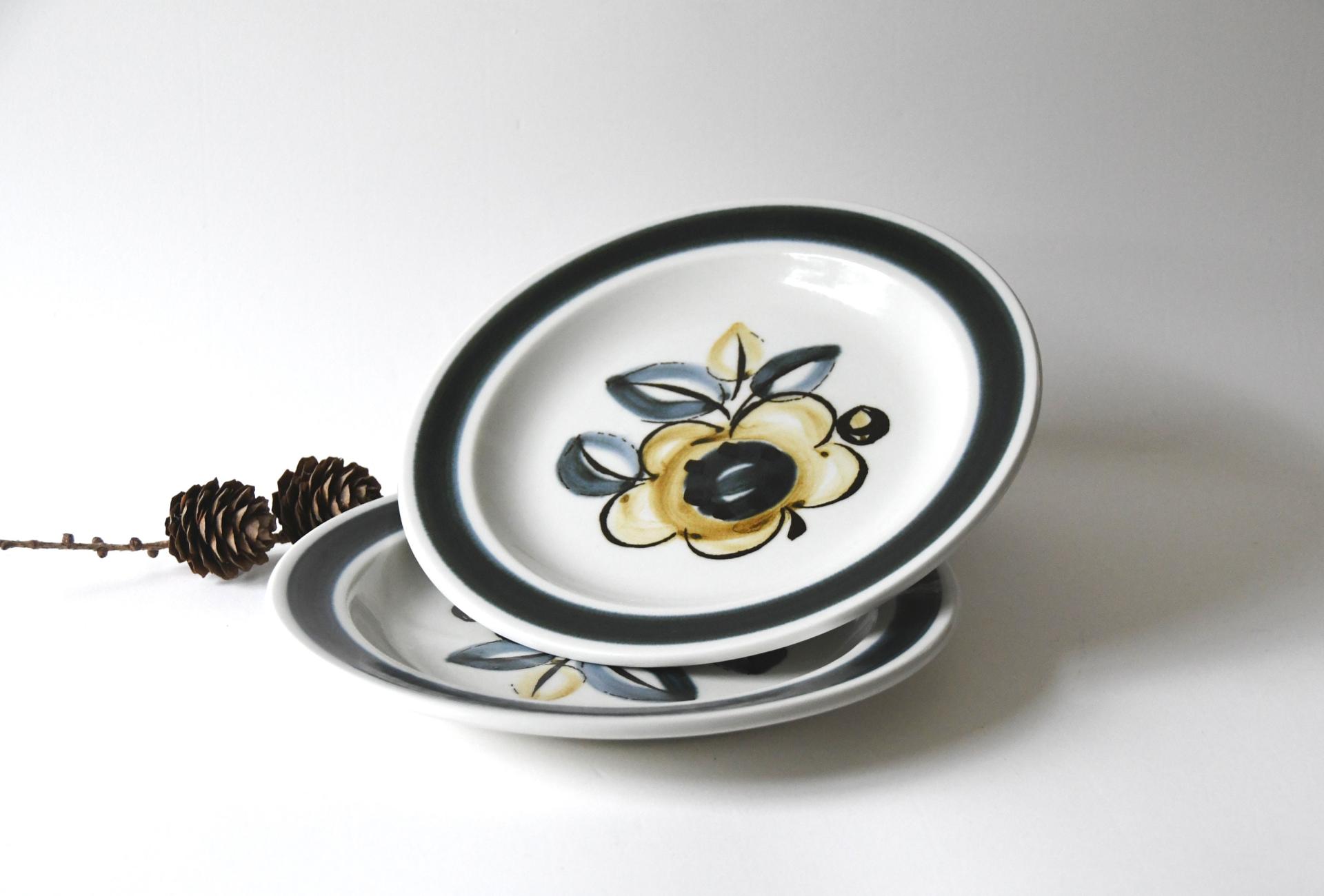 Stavangerflint. Two SENJA plates. design Inger Waage. Plates with Handpainted decor. Stavanger Norway.