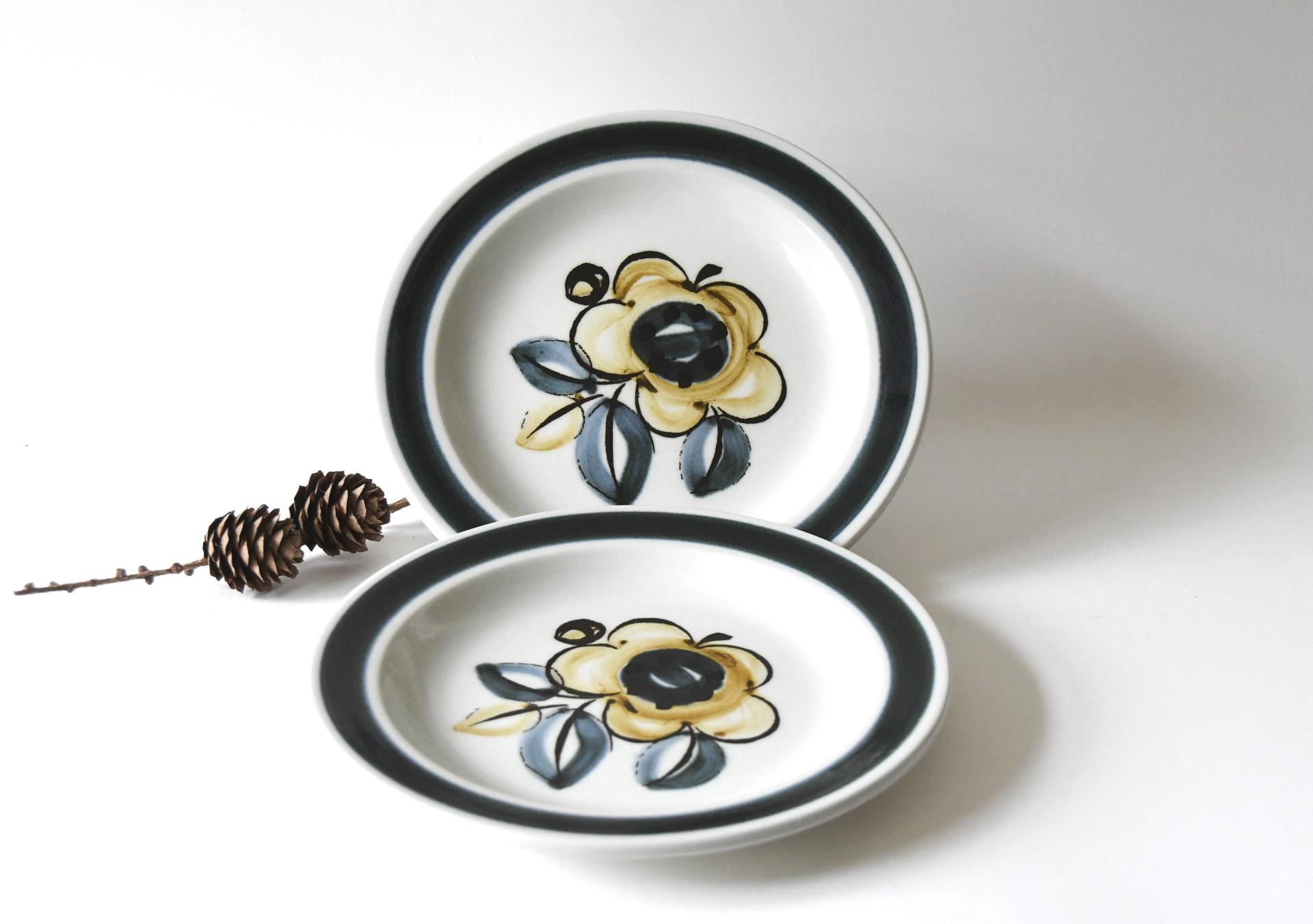 Stavangerflint. Two SENJA plates. design Inger Waage. Plates with Handpainted decor. Stavanger Norway.